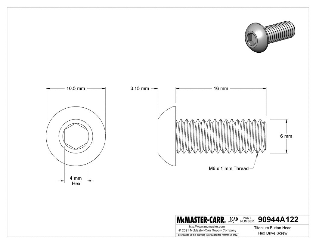 Technical Drawing of Titanium Button Head Hex Drive Screw, M6 x 1.00 mm Thread, 16mm Long.